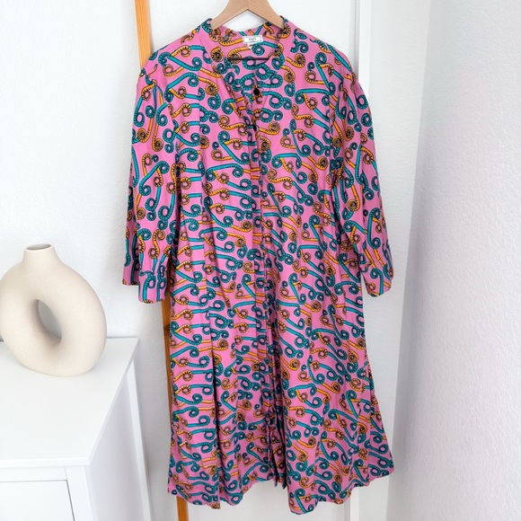 Zuri Fiddlesticks 3/4 Sleeve Kenya Dress Cotton Trapeze Pink Blue 2X Long - Picture 3 of 11